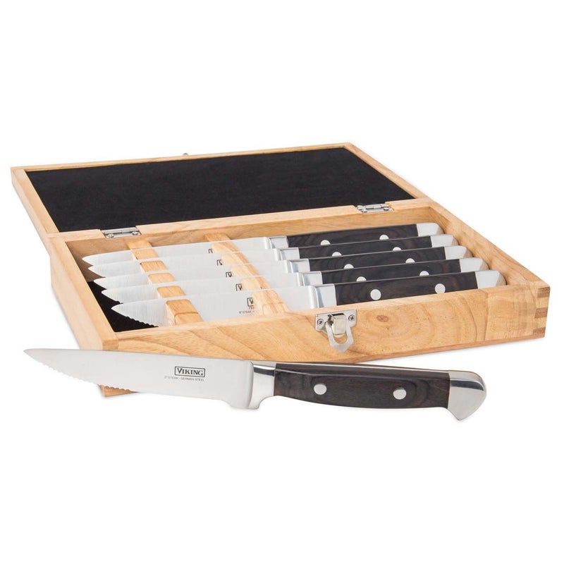 Viking Steak Knife Set 6 Piece Kitchen Knives Set with German Stainless Steel Blades and Pakkawood Handles Includes Wooden Gift Box Hand Wash Only Black