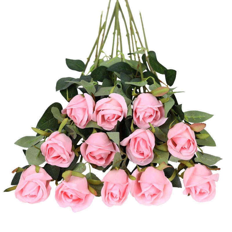 Tifuly Artificial Flowers12 Pcs Single Long Stem Fake Rose Silk Flowers Faux Rose Bridal Bouquet Realistic Flower for Wedding Party Home Table Decoration CenterpiecesBud RosesPink