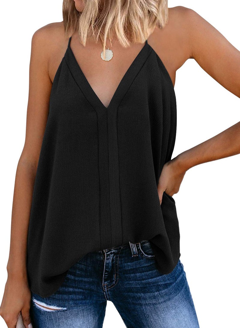 miduo Womens Summer Ladies Solid V Neck Strappy Tank Tops Loose Casual Sleeveless Cami Shirts Flowy Tank Blouses Black M - Image 1