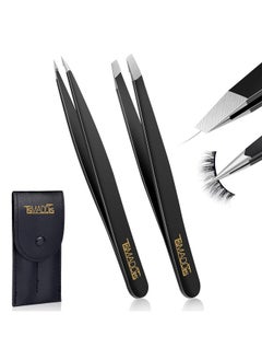 TsMADDTs TsMADDTs Slant and Point Tip Tweezers for Women and Men, 2-Pack Precision Tweezers for Eyebrows, Facial Hair, Ingrown Hair Removal, Professional Stainless Steel Tweezer Set with Travel Case  - Image 1