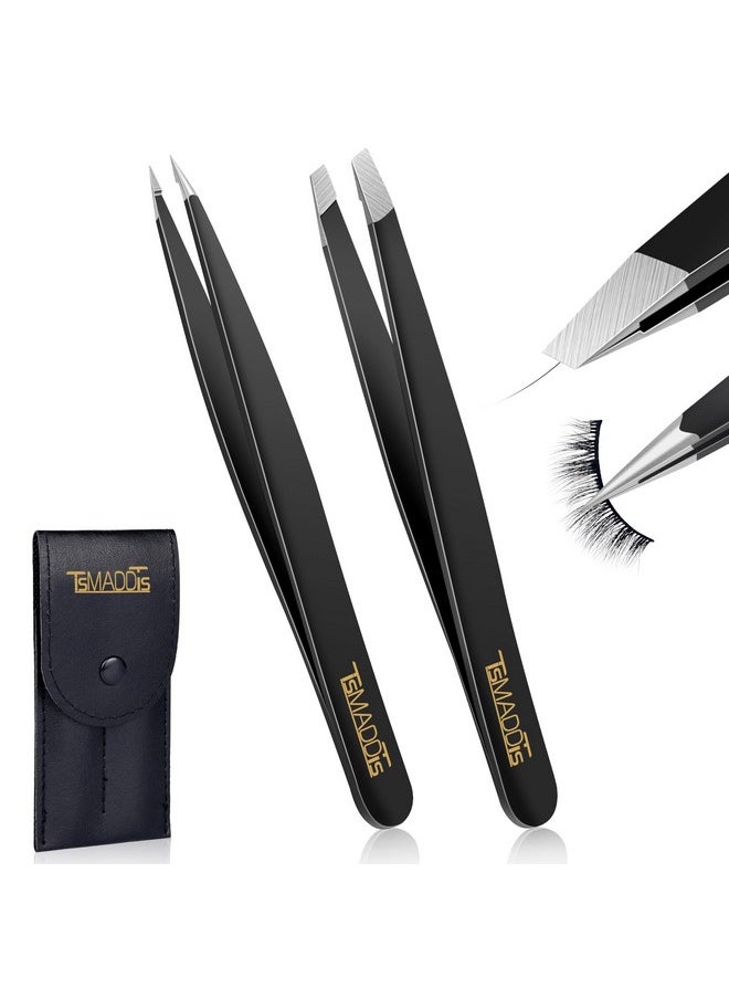 TsMADDTs TsMADDTs Slant and Point Tip Tweezers for Women and Men, 2-Pack Precision Tweezers for Eyebrows, Facial Hair, Ingrown Hair Removal, Professional Stainless Steel Tweezer Set with Travel Case  - Image 1