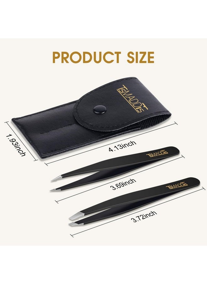TsMADDTs TsMADDTs Slant and Point Tip Tweezers for Women and Men, 2-Pack Precision Tweezers for Eyebrows, Facial Hair, Ingrown Hair Removal, Professional Stainless Steel Tweezer Set with Travel Case  - Image 2