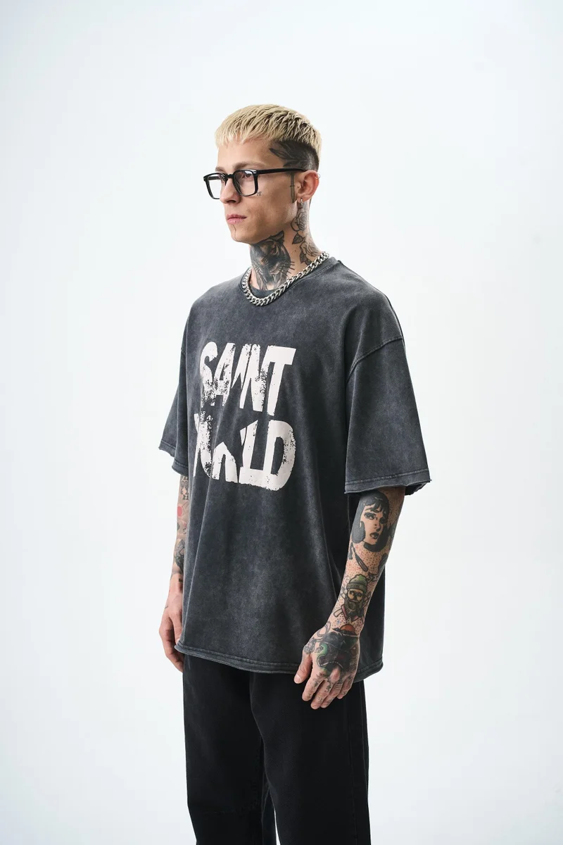 RESPIRE Men's Star Print Washed Oversize T-Shirt, Black