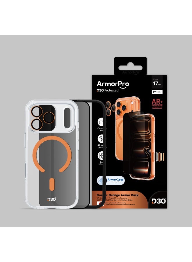 ارمور برو مجموعة حماية 3-in-1، iPhone 17 Pro، تقنية D3O، حماية خصوصية، مضاد للانعكاس، برتقالي - Image 2