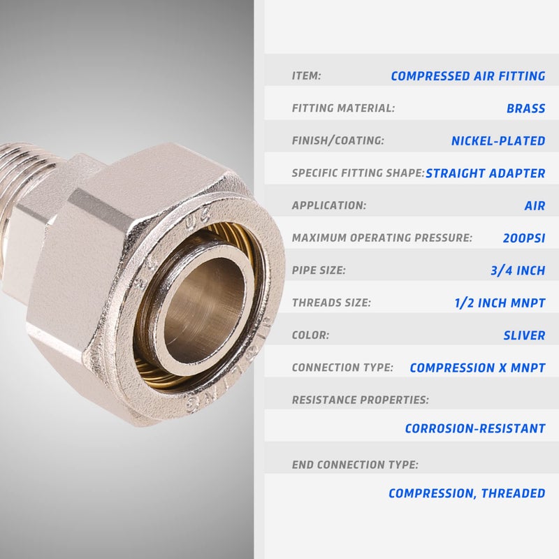ANCIMOON 3/4’’ Straight Air Piping Fittings, 3/4’’ x 1/2’’ Male NPT Threads Adapter Fittings, Seal Taped Needed, Brass-Nickel Plated, 2PCS For Shop Compressed Air Line System - Image 2