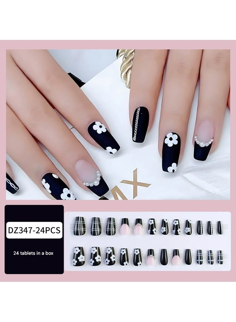 Goolsky أظافر فرنسية مزخرفة بالزهور باللونين الأسود والأبيض - مجموعة نصائح أظافر مزيفة أنيقة مصنوعة يدويًا، 24 قطعة قابلة لإعادة الاستخدام - Image 1
