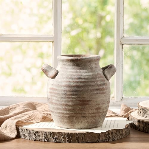 Vanselia Ceramic Flower Vase Home Decor Farmhouse Table Vases with Handle Living Room Decoration Vintage Decorative Aesthetic for Shelf Coffee Dining Desk House Bookshelf Fireplace 6 Rustic - Image 1
