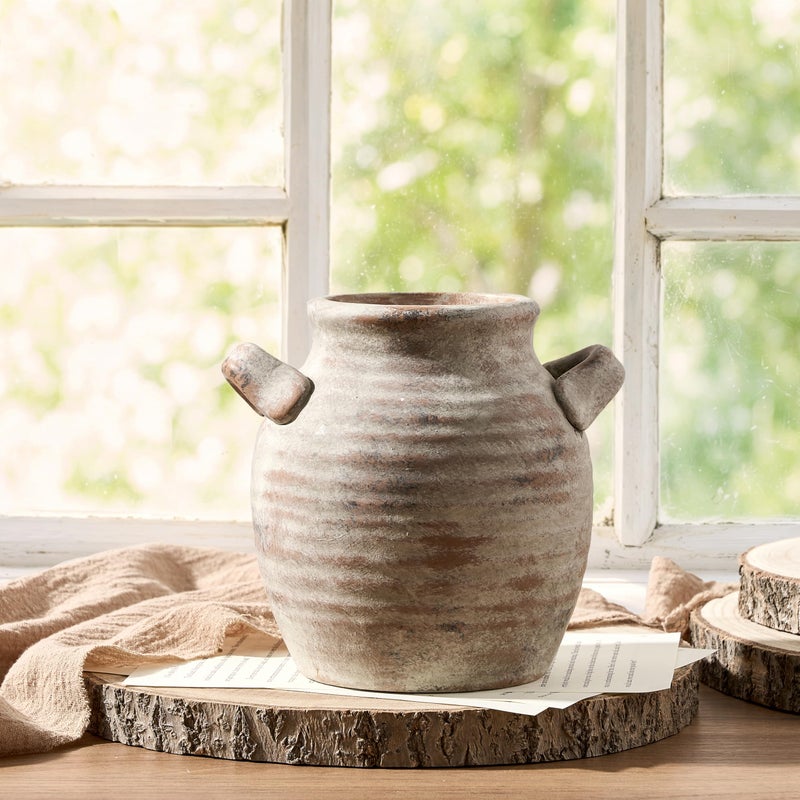 Vanselia Ceramic Flower Vase Home Decor Farmhouse Table Vases with Handle Living Room Decoration Vintage Decorative Aesthetic for Shelf Coffee Dining Desk House Bookshelf Fireplace 6 Rustic - Image 2