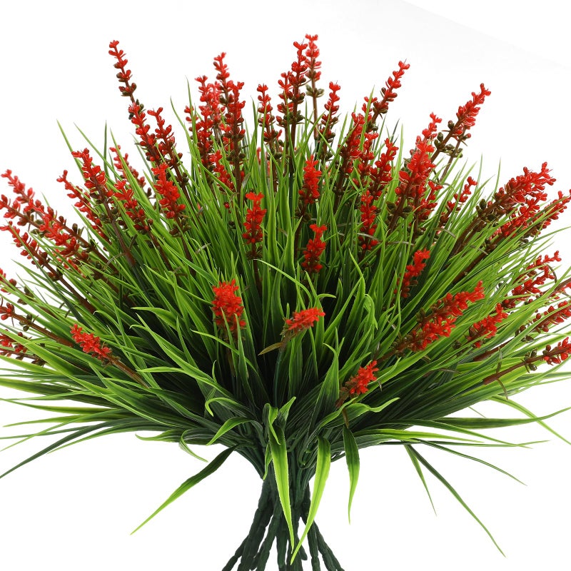 alyptus Artificial Flowers Outdoor 12 Bundles Fake Plants Outside Red Flower Grass Faux Greenery Spring Summer Wildflower Decoration for Outdoors Yard Front Porch Planter Decor (Red Flowers) - Image 1