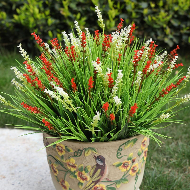 alyptus Artificial Flowers Outdoor 12 Bundles Fake Plants Outside Red Flower Grass Faux Greenery Spring Summer Wildflower Decoration for Outdoors Yard Front Porch Planter Decor (Red Flowers) - Image 4