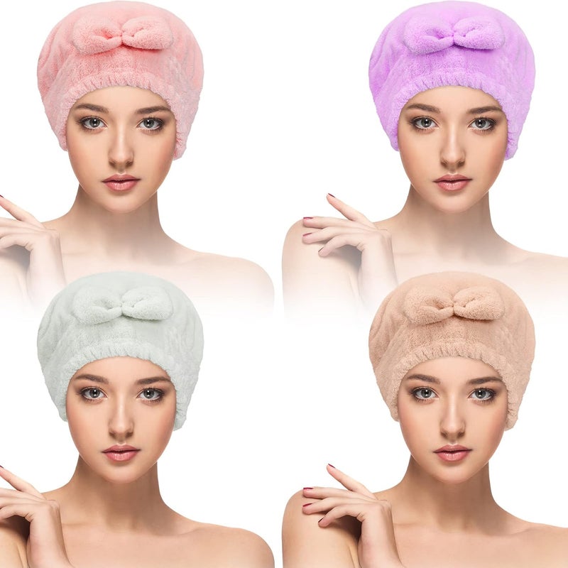 Sureio 4 Pcs Microfiber Hair Drying Towels Fast Drying Shower Cap Ultra Absorbent Hair Turban Head Wrap with Bow Knot Plopping Towel for Women for Curly Long Thick Wet Hair