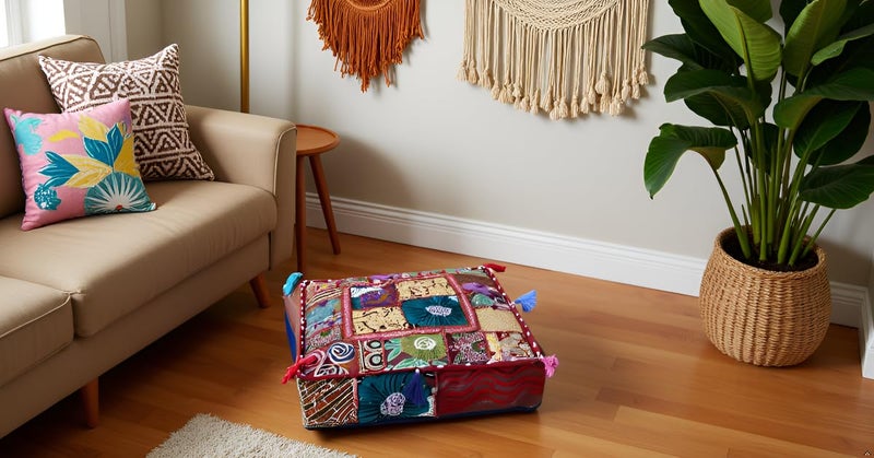 CRAFT KALA Indian Square Patchwork Traditional Pouf Cover Indian Living Room Poufs Decorative Embroidered Designer Ottoman Home Living Footstool Chair Cover Decor Pillow Cover 22x22x5 inches, Dark Red - Image 3