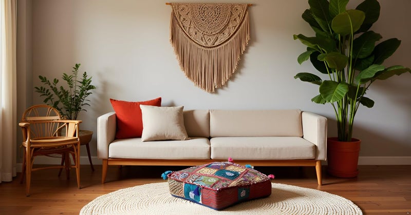 CRAFT KALA Indian Square Patchwork Traditional Pouf Cover Indian Living Room Poufs Decorative Embroidered Designer Ottoman Home Living Footstool Chair Cover Decor Pillow Cover 22x22x5 inches, Dark Red - Image 2