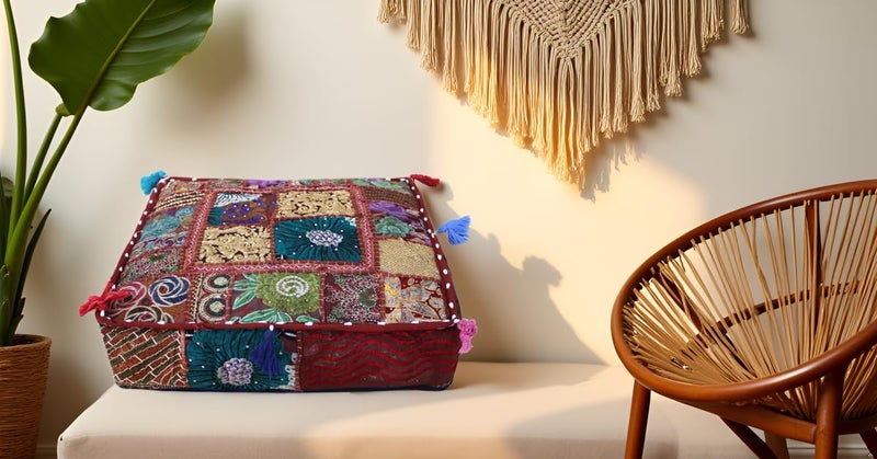 CRAFT KALA Indian Square Patchwork Traditional Pouf Cover Indian Living Room Poufs Decorative Embroidered Designer Ottoman Home Living Footstool Chair Cover Decor Pillow Cover 22x22x5 inches, Dark Red - Image 4