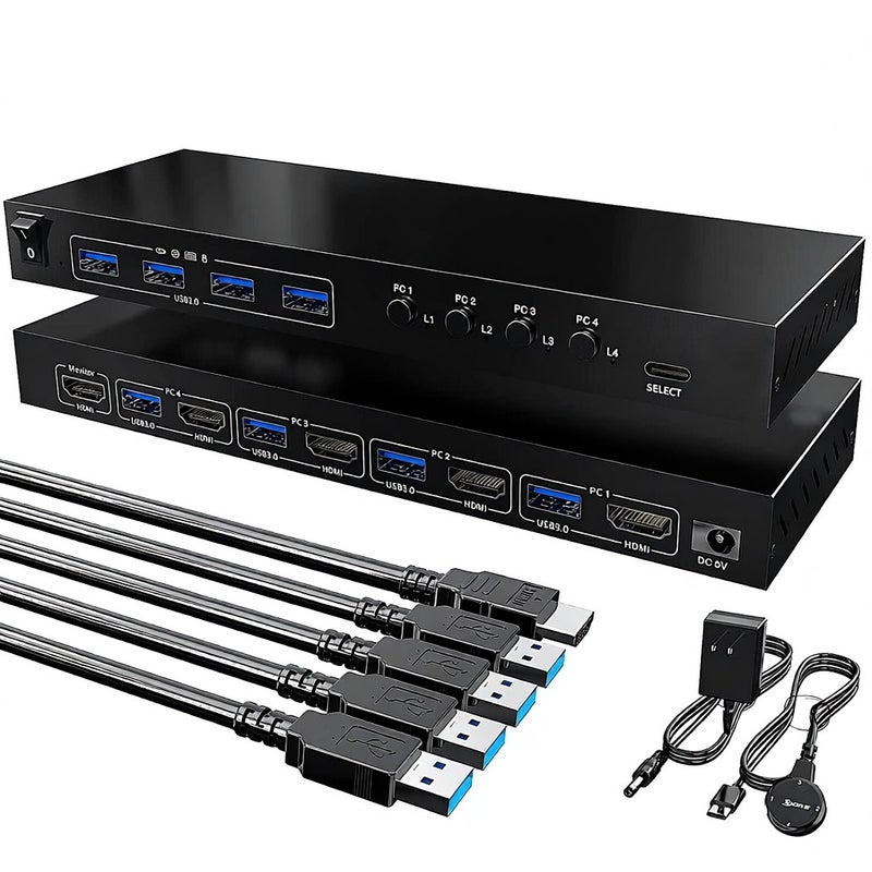 مبدل KVM 2 شاشات 2/4 أجهزة كمبيوتر KC-KVM401A USB 3.0 HDMI KVM - Image 1