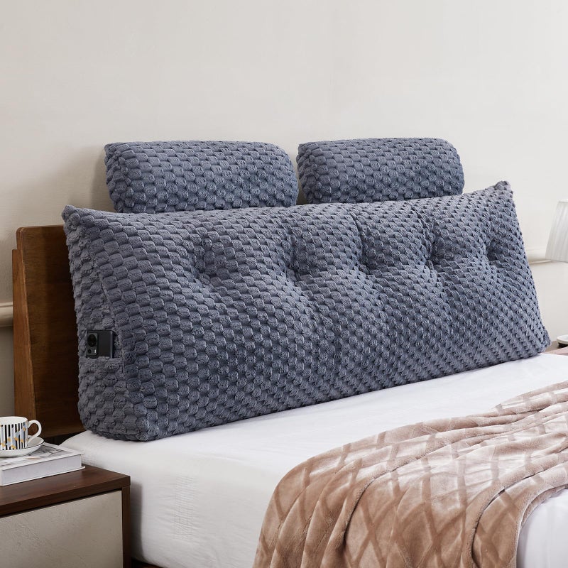 EUHAMS Wedge Headboard Pillow Queen- Bed Wedge Pillow for Headboard Triangular Headboard Pillow with Neck Roll Pillow-Large Bolster for Sitting in Bed Backrest Positioning Support (Grey,59x8x20 Inches) - Image 1