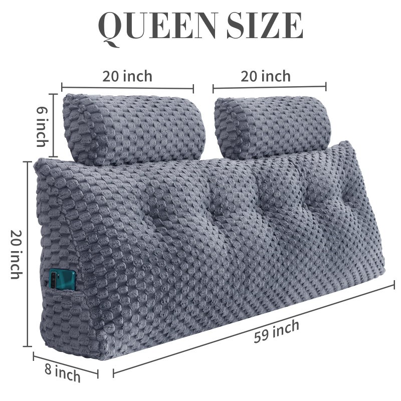 EUHAMS Wedge Headboard Pillow Queen- Bed Wedge Pillow for Headboard Triangular Headboard Pillow with Neck Roll Pillow-Large Bolster for Sitting in Bed Backrest Positioning Support (Grey,59x8x20 Inches) - Image 2