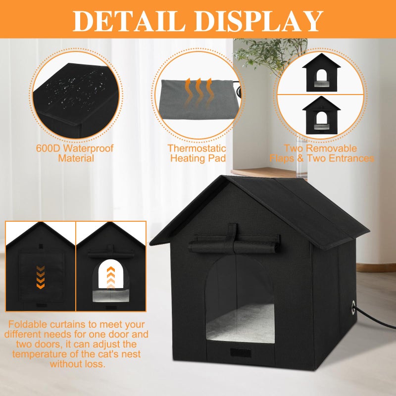 Midollarle Large Heated Outdoor Cat House Double Door Heater Cats Shelter,Weatherproof Foldable Heat Kitty House with Insulated Kitten Heating Pad Bed for Feral Barn Cat Kitten Puppy Outside Pets in Winter - Image 4