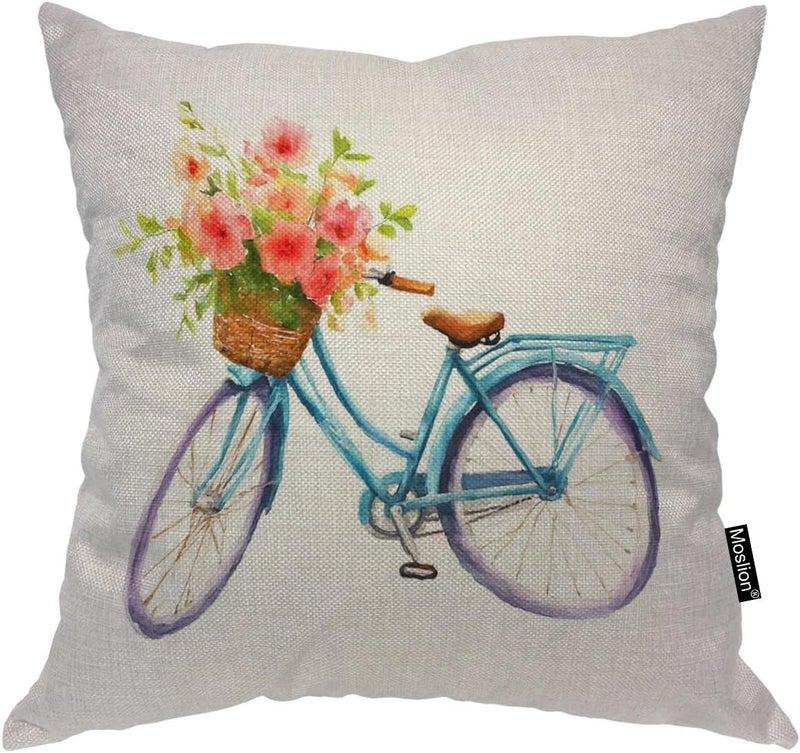 Moslion Blue Bicycle Pillows Decorative Throw Pillow Cover Vintage Watercolor Summer Flowers Bike Pillow Case 18 x 18 Inch Square Cotton Linen Cushion Cover for Sofa Bed Living Room - Image 1