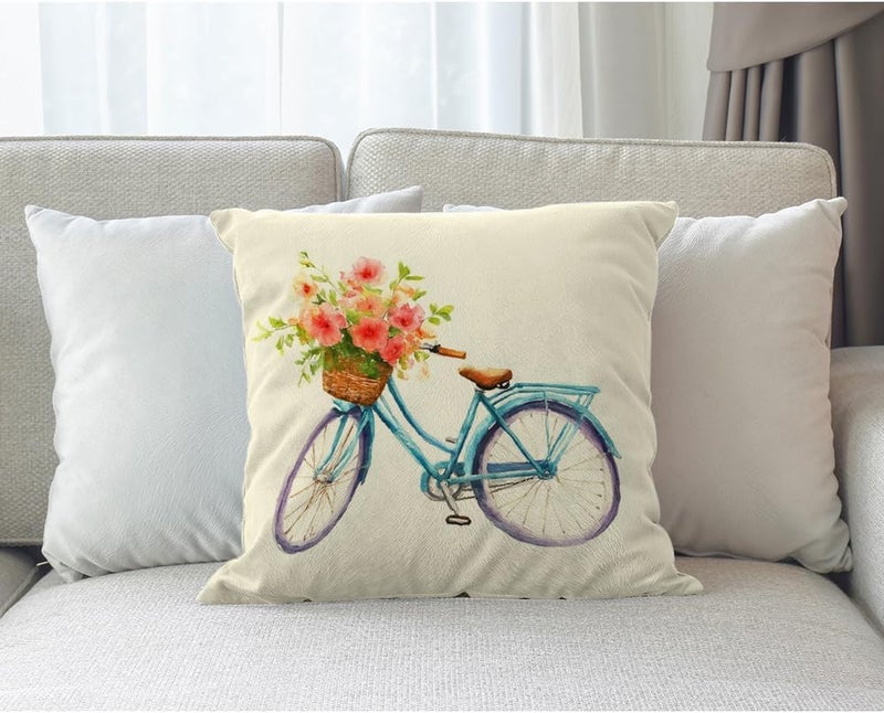 Moslion Blue Bicycle Pillows Decorative Throw Pillow Cover Vintage Watercolor Summer Flowers Bike Pillow Case 18 x 18 Inch Square Cotton Linen Cushion Cover for Sofa Bed Living Room - Image 3