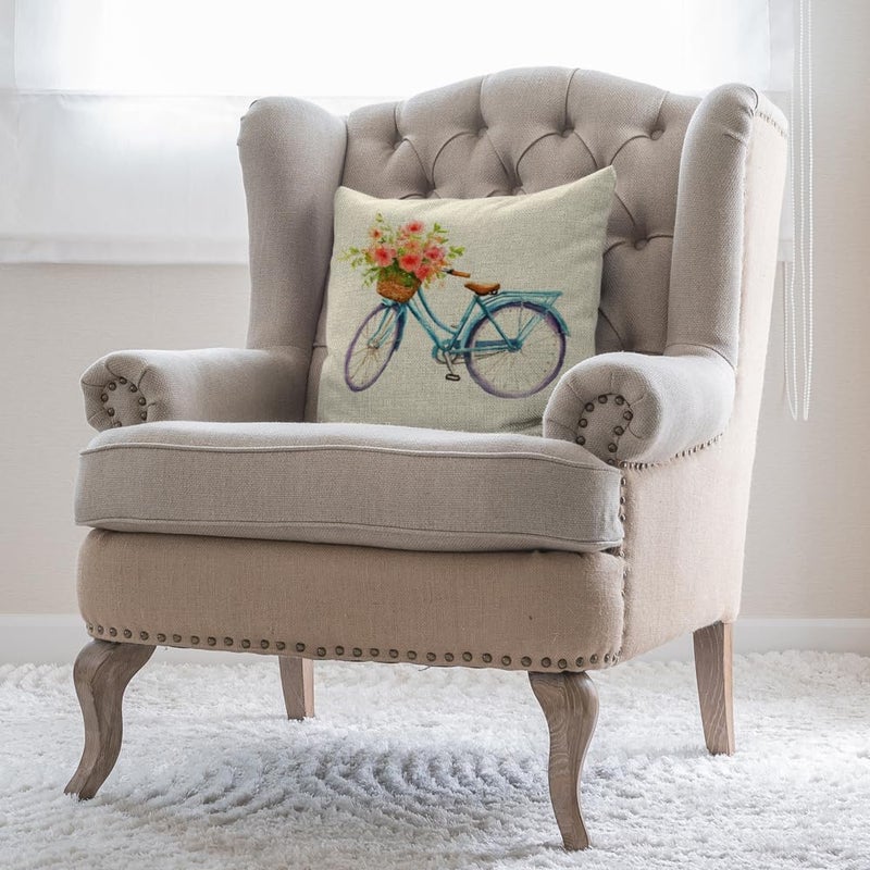 Moslion Blue Bicycle Pillows Decorative Throw Pillow Cover Vintage Watercolor Summer Flowers Bike Pillow Case 18 x 18 Inch Square Cotton Linen Cushion Cover for Sofa Bed Living Room - Image 4