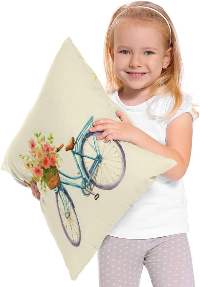 Moslion Blue Bicycle Pillows Decorative Throw Pillow Cover Vintage Watercolor Summer Flowers Bike Pillow Case 18 x 18 Inch Square Cotton Linen Cushion Cover for Sofa Bed Living Room - Image 2
