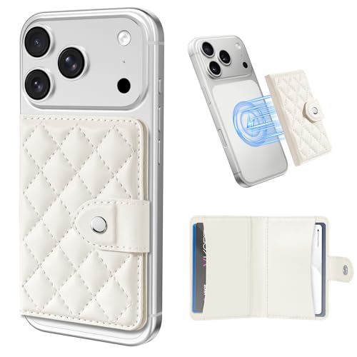 Dadanism Compatible with Magsafe Wallet Magnetic 4-Card Holder, Magnetic Wallet for iPhone, RFID Blocking, Diamond Quilting Leather, Slim for iPhone 17/16/15/14/13/12 Series, Not for 13/12 Mini, White - Image 1