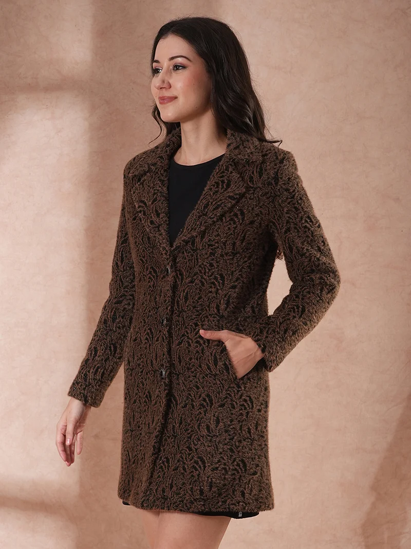 globus Women Notch Lapel Self Design Single-Breasted Overcoat