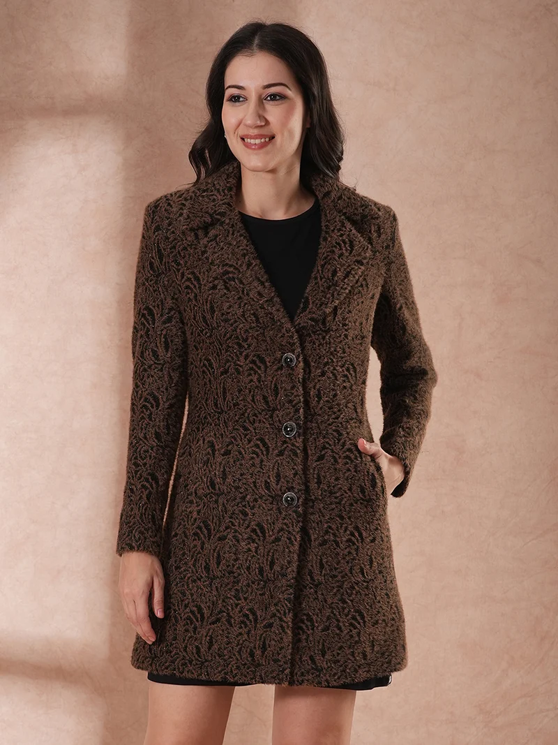 globus Women Notch Lapel Self Design Single-Breasted Overcoat