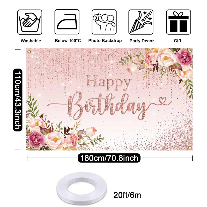 Mocsicka Happy Birthday Backdrop Decorations for Women Pink Flowers Glitters Birthday Banner Photo Background Party Decorations 70.8 x 43.3 Inch - Image 5
