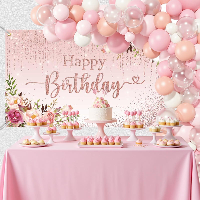 Mocsicka Happy Birthday Backdrop Decorations for Women Pink Flowers Glitters Birthday Banner Photo Background Party Decorations 70.8 x 43.3 Inch - Image 2