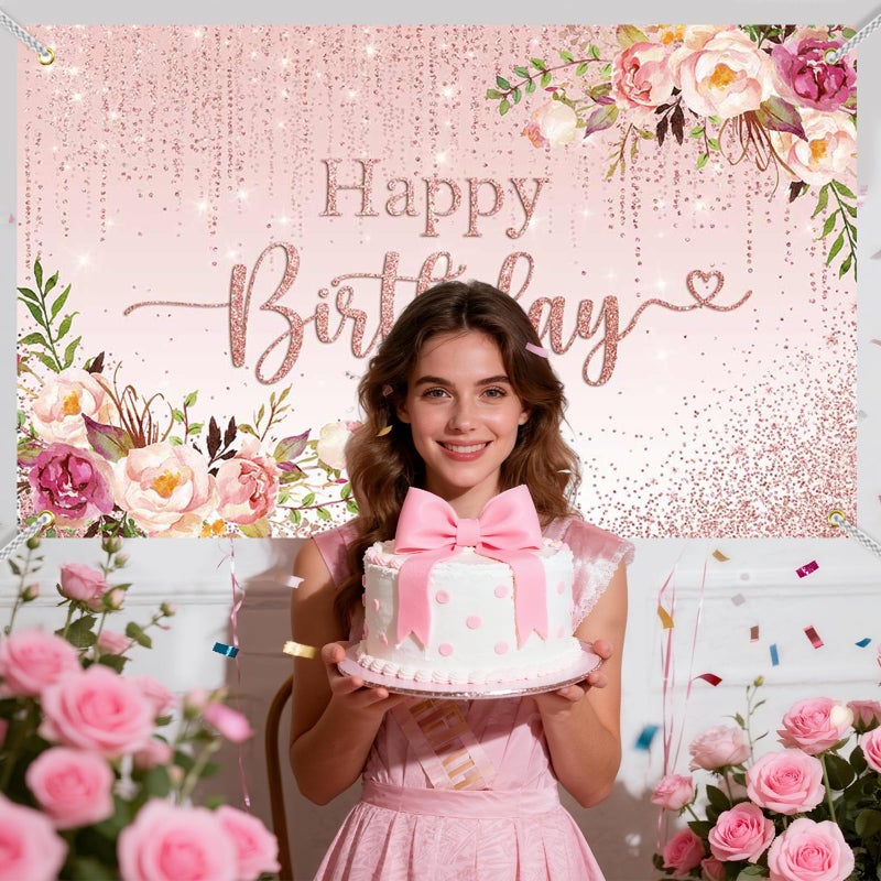 Mocsicka Happy Birthday Backdrop Decorations for Women Pink Flowers Glitters Birthday Banner Photo Background Party Decorations 70.8 x 43.3 Inch - Image 3