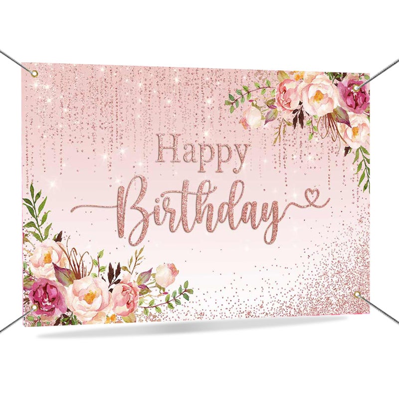 Mocsicka Happy Birthday Backdrop Decorations for Women Pink Flowers Glitters Birthday Banner Photo Background Party Decorations 70.8 x 43.3 Inch - Image 1