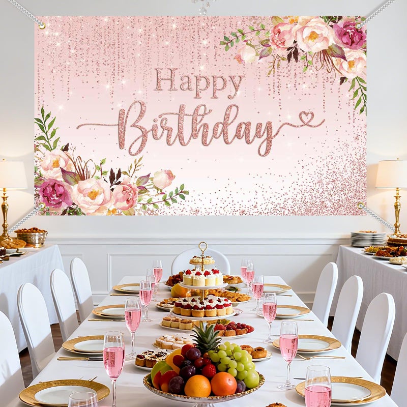 Mocsicka Happy Birthday Backdrop Decorations for Women Pink Flowers Glitters Birthday Banner Photo Background Party Decorations 70.8 x 43.3 Inch - Image 4