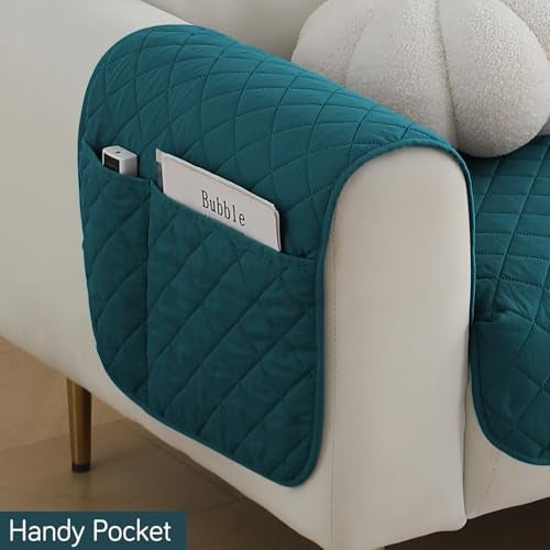 HOKIPO Water Repellent + Waterproof Sofa Seat Mat for 1 Seater Sofa with 2 Armrest Covers with Pockets - Peacock Blue (AR-5261-71-PBLU*2) - Image 3