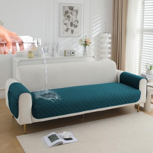 HOKIPO Water Repellent + Waterproof Sofa Seat Mat for 1 Seater Sofa with 2 Armrest Covers with Pockets - Peacock Blue (AR-5261-71-PBLU*2) - Image 1