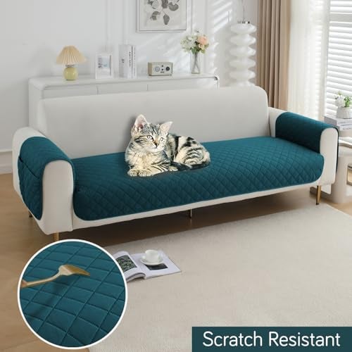 HOKIPO Water Repellent + Waterproof Sofa Seat Mat for 1 Seater Sofa with 2 Armrest Covers with Pockets - Peacock Blue (AR-5261-71-PBLU*2) - Image 5