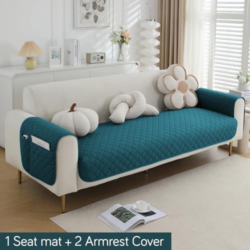 HOKIPO Water Repellent + Waterproof Sofa Seat Mat for 1 Seater Sofa with 2 Armrest Covers with Pockets - Peacock Blue (AR-5261-71-PBLU*2) - Image 4