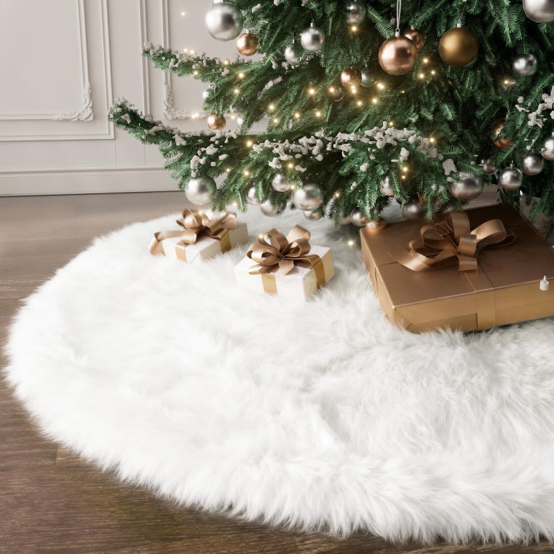 iMucci 30inch Wool Fur White Tree Skirt Small Christmas Tree Skirt Snowy White Plush Velvet Christmas Tree Skirt Holiday Party Decoration