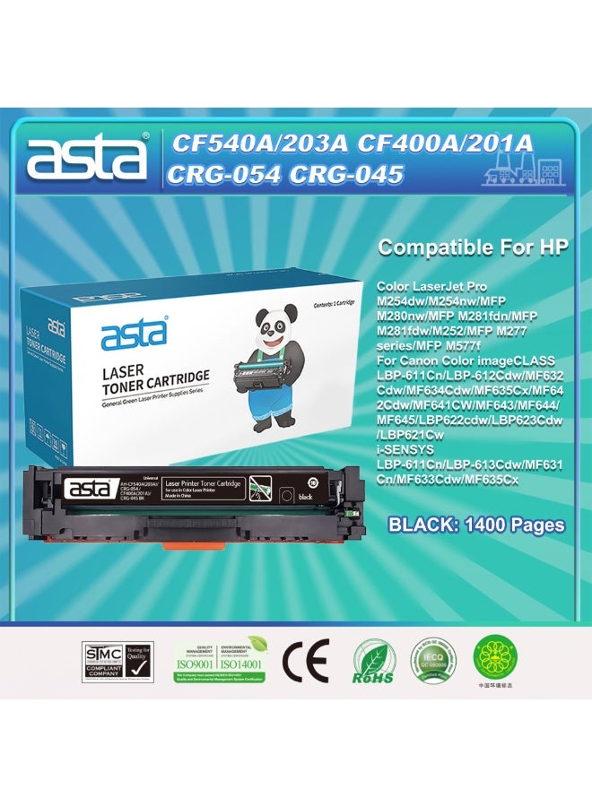 استا خرطوشة حبر أسود عالمية ASTA CF540A CF400A CRG054 CRG045 203A 201A متوافقة مع طابعات HP Canon Color LaserJet Pro M254dw M254nw MFP M280nw M281fdn M281fdw M252 M277 Series MFP M577f ImageCLASS LBP-612Cdw LBP-622Cdw LBP612Cdw LBP622Cdw MF632Cdw MF634Cdw MF642Cdw MF641CW MF643 MF644 MF645 I-SENSYS LBP-611Cn LBP-613Cdw LBP611Cn LBP613Cdw MF631Cn MF633Cdw طابعات MF635Cx عالية الإنتاجية CRG-054 CRG-045 CRG 054 045 للاستخدام المنزلي والمكتبي - Image 1