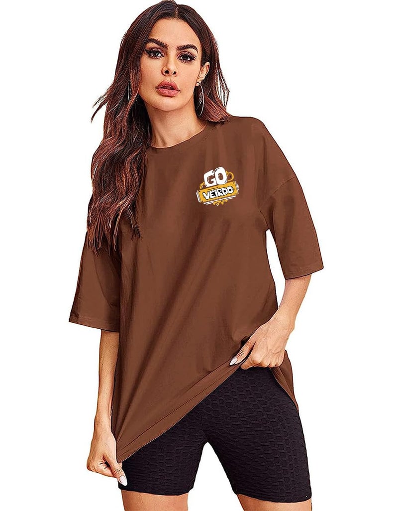 Veirdo Oversize Loose Baggy Fit Drop Shoulder Cool and Stylish Latest Go Pocket Print Design Brown Half Sleeve T-Shirt for Women (M) - Image 1