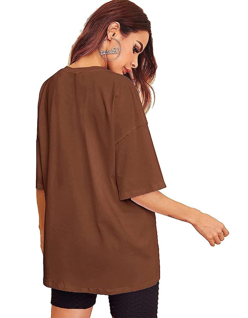 Veirdo Oversize Loose Baggy Fit Drop Shoulder Cool and Stylish Latest Go Pocket Print Design Brown Half Sleeve T-Shirt for Women (M) - Image 2