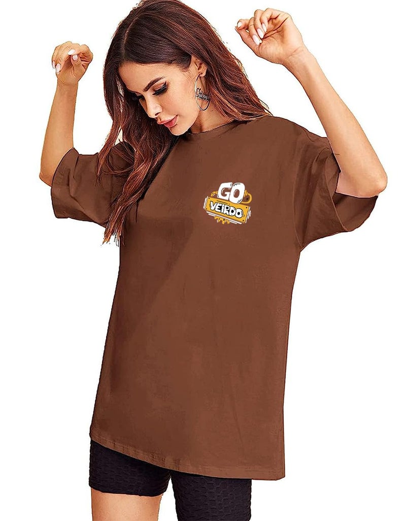 Veirdo Oversize Loose Baggy Fit Drop Shoulder Cool and Stylish Latest Go Pocket Print Design Brown Half Sleeve T-Shirt for Women (M) - Image 3