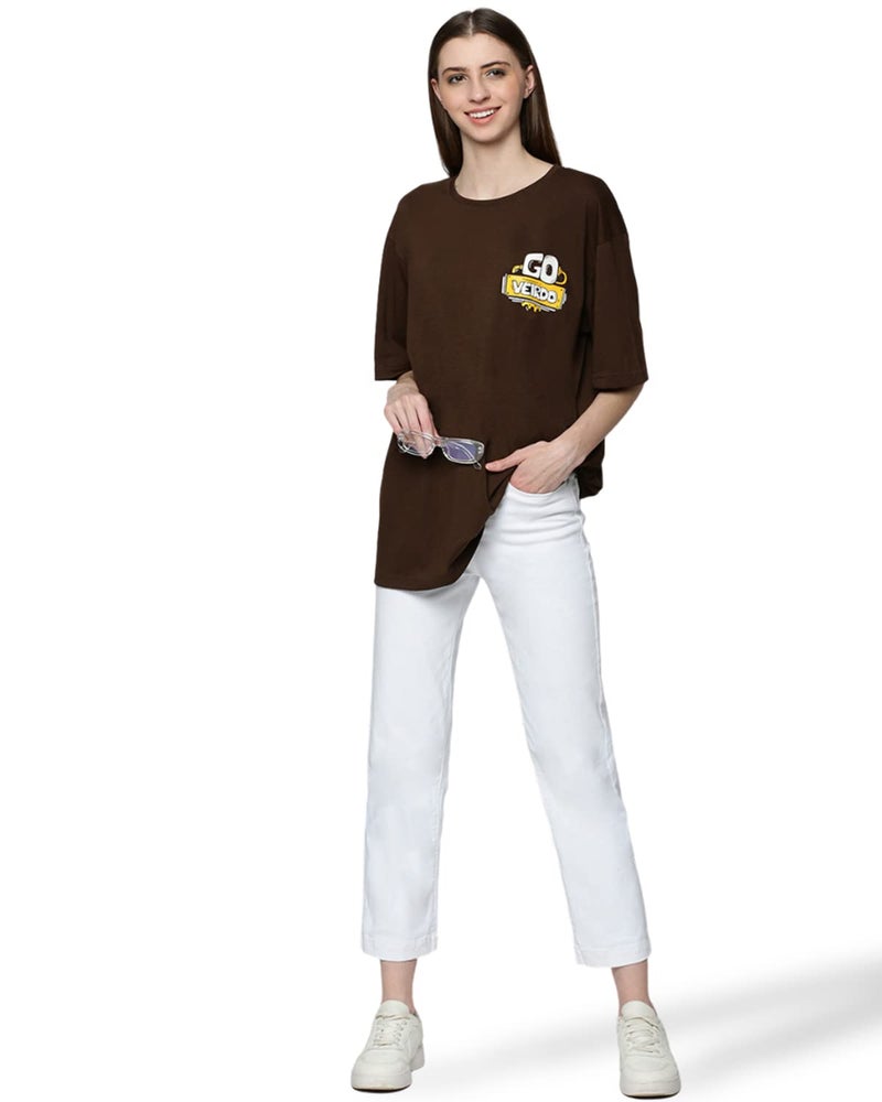 Veirdo Oversize Loose Baggy Fit Drop Shoulder Cool and Stylish Latest Go Pocket Print Design Brown Half Sleeve T-Shirt for Women (M) - Image 5
