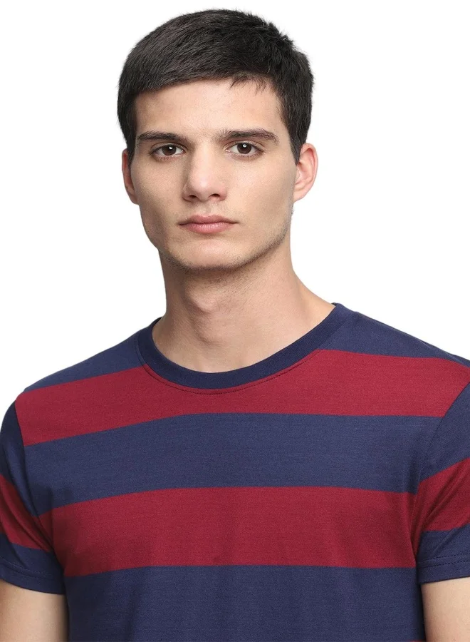Dennis Lingo Maroon Striped Regular Fit Crew Neck T-shirt for Men - 100% Cotton, Half Sleeves, Casual