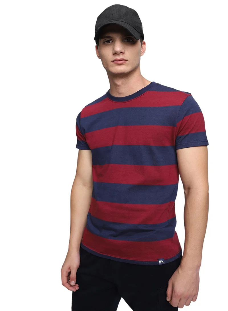 Dennis Lingo Maroon Striped Regular Fit Crew Neck T-shirt for Men - 100% Cotton, Half Sleeves, Casual