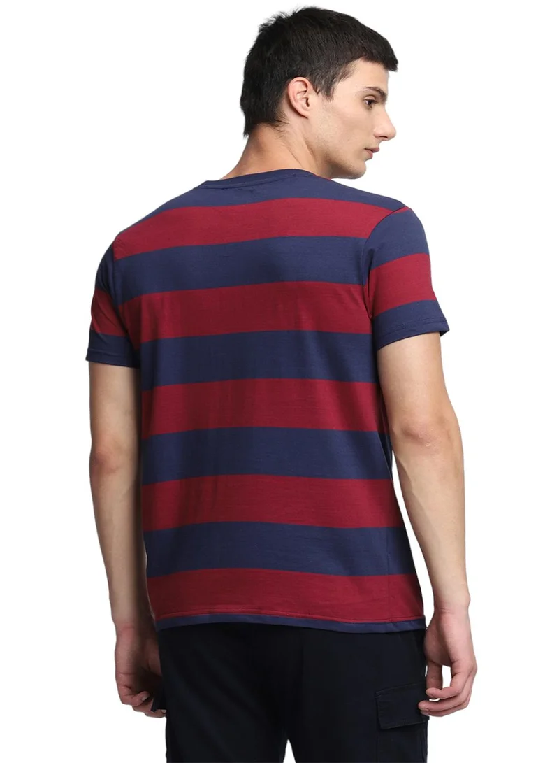 Dennis Lingo Maroon Striped Regular Fit Crew Neck T-shirt for Men - 100% Cotton, Half Sleeves, Casual