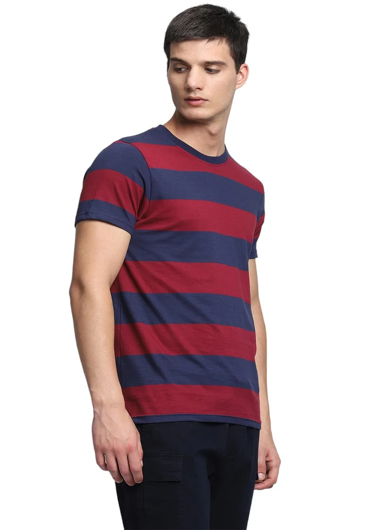 Dennis Lingo Maroon Striped Regular Fit Crew Neck T-shirt for Men - 100% Cotton, Half Sleeves, Casual