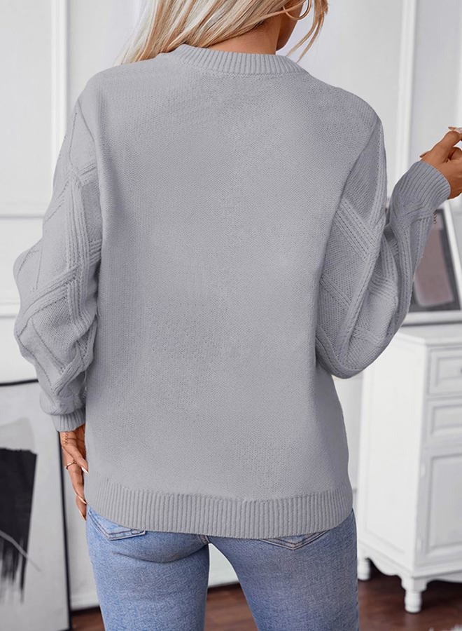 Shein Womens Sweaters Crewneck Cable Knit Sweater Long Sleeve Fall Tops for Women 2025, Gray, XL - Image 3