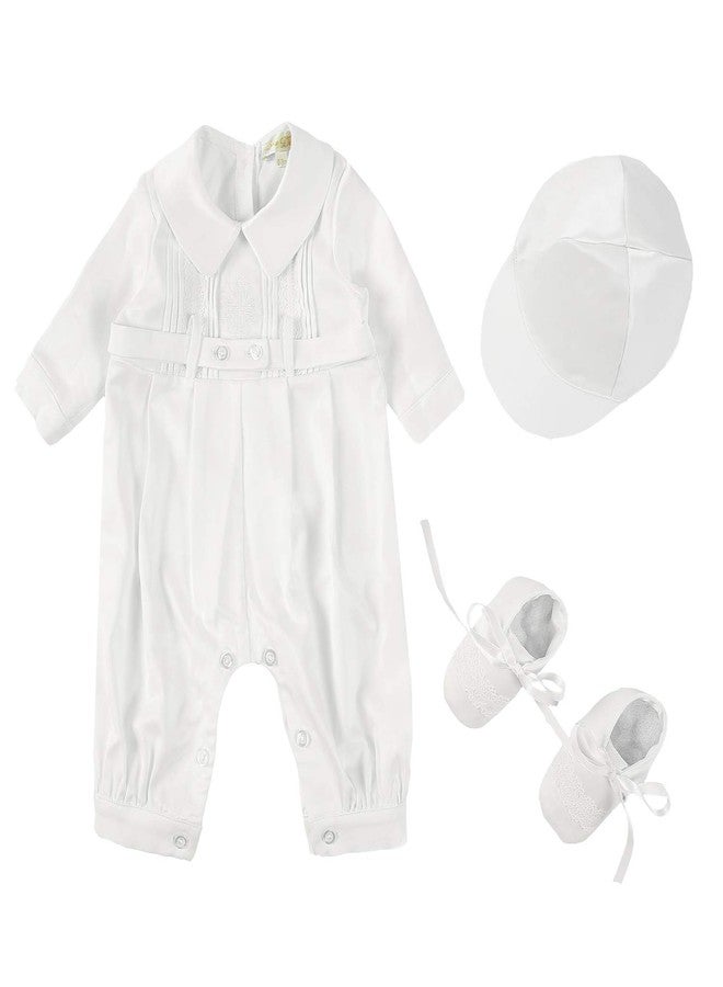 Bow Dream 3 pcs Baby Boy's Christening Baptism Outfits Long Sleeve Romper with Hat and Shoes Long Sleeve White A 3-6 Months - Image 1